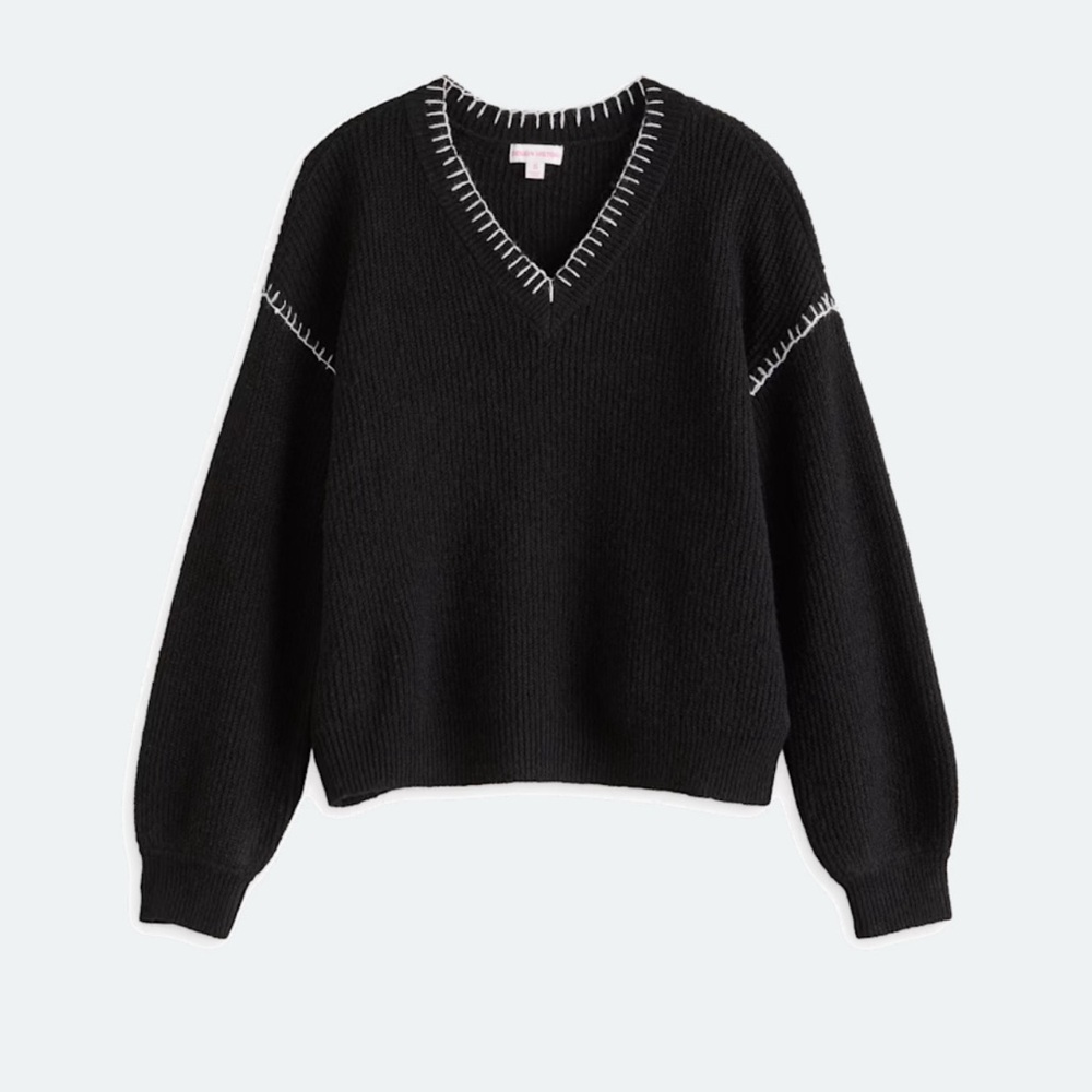 NEW Design History Black V-Neck Sweater with White Stitch Accents